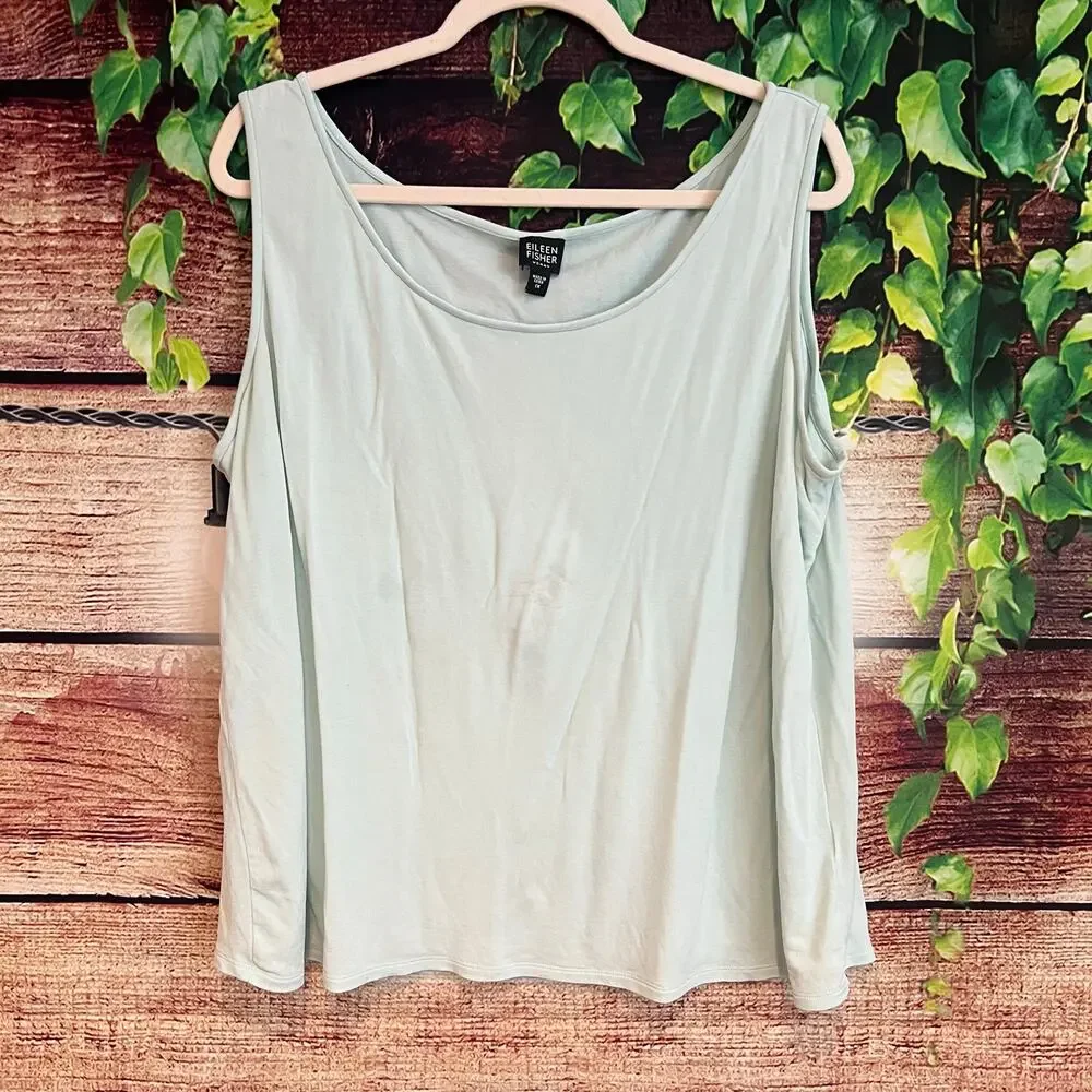 Eileen Fisher 100% Silk Crepe Bateau Scoop Neck Tank Top Blouse 1X Green Shirt